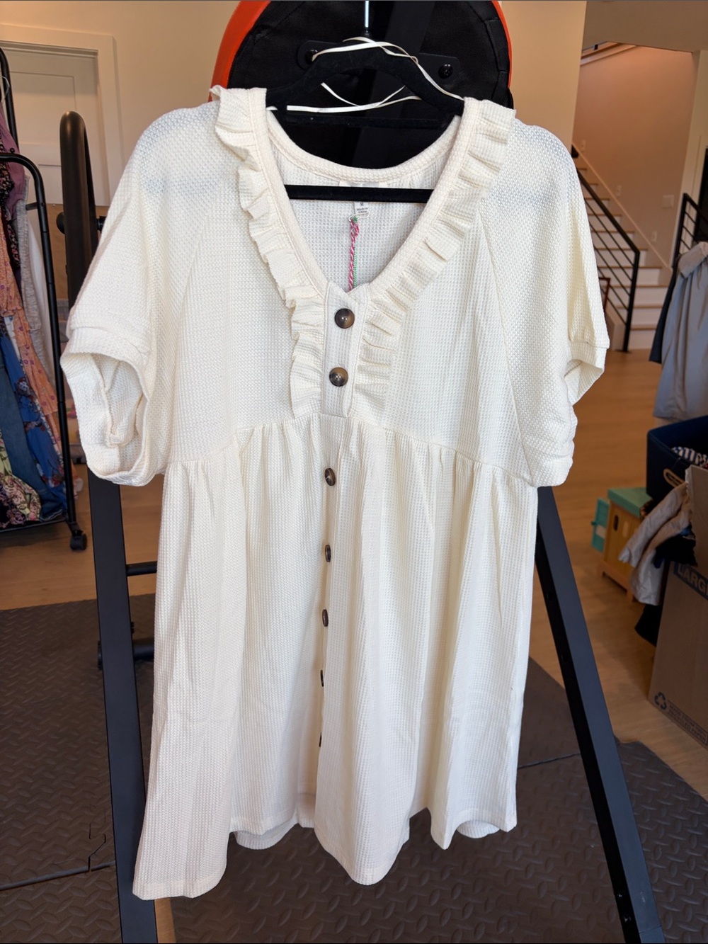Umgee Cream Ruffled V-Neck Button Front Tunic Dress